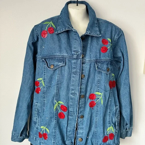 Quacker Factory Blue Jean Jacket with Red Cherry Embroidery - Picture 2 of 7